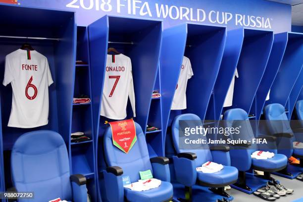 General view inside the Portugal dressing room prior to the 2018 FIFA World Cup Russia Round of 16 match between Uruguay and Portugal at Fisht...