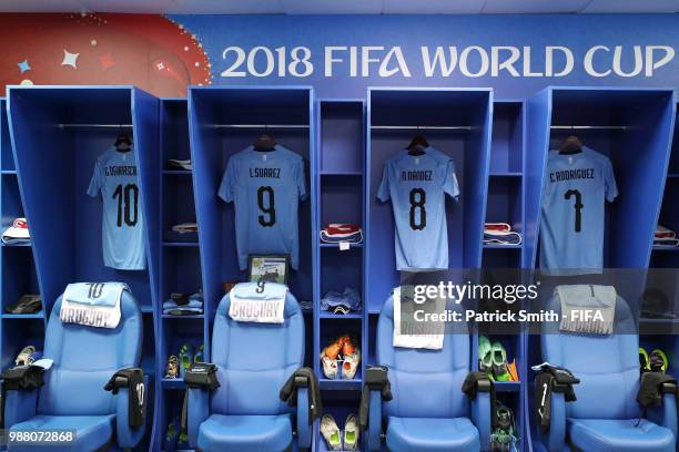 General view inside the Uruguay dressing room prior to the 2018 FIFA World Cup Russia Round of 16 match between Uruguay and Portugal at Fisht Stadium...