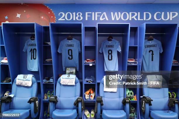 General view inside the Uruguay dressing room prior to the 2018 FIFA World Cup Russia Round of 16 match between Uruguay and Portugal at Fisht Stadium...