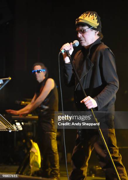 Martin Rev and Alan Vega of American electronic protopunk band Suicide perform on stage at The HMV Hammersmith Apollo on May 2, 2010 in London,...