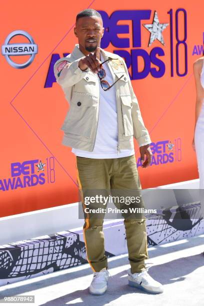 Jamie Foxx arrives to the 2018 BET Awards held at Microsoft Theater on June 24, 2018 in Los Angeles, California.