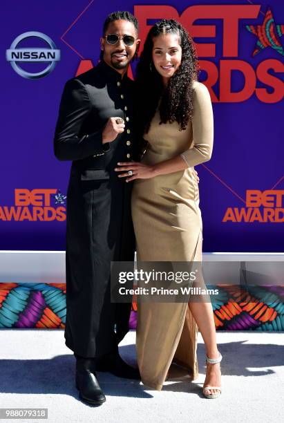 Brandon T. Jackson and Denise Xavier arrive to the 2018 BET Awards held at Microsoft Theater on June 24, 2018 in Los Angeles, California.