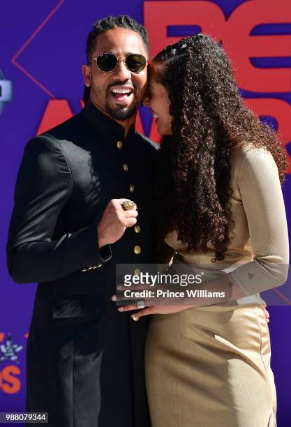 Brandon T. Jackson and Denise Xavier arrive to the 2018 BET Awards held at Microsoft Theater on June 24, 2018 in Los Angeles, California.