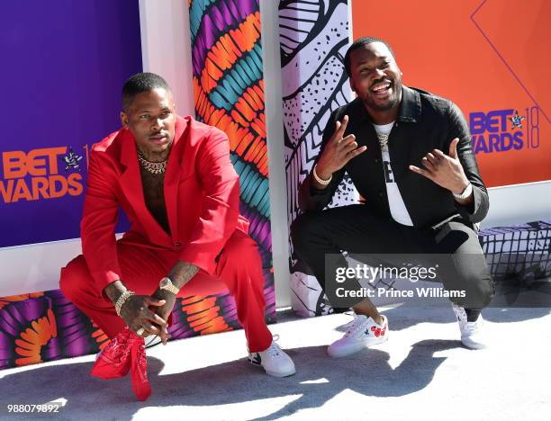 Rapper YG and Meek Mill arrive to the 2018 BET Awards held at Microsoft Theater on June 24, 2018 in Los Angeles, California.