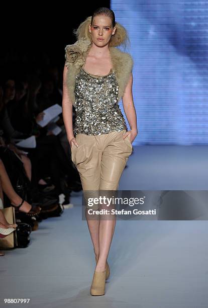 Model showcases designs by Aurelio Costarella on the catwalk on the first day of Rosemount Australian Fashion Week Spring/Summer 2010/11 at the...