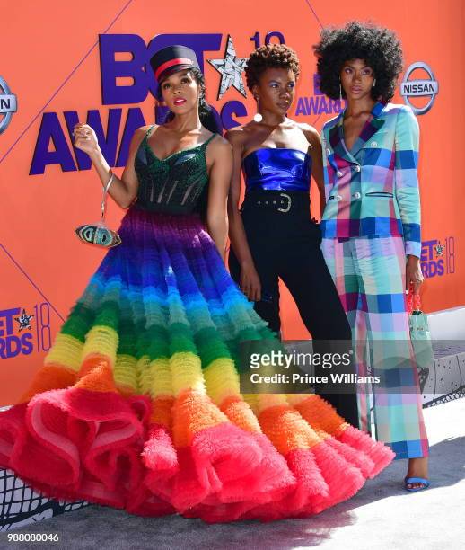 Janelle Monae, Isis Valentino and Alexe Belle of the Group St. Beauty arrive to the 2018 BET Awards held at Microsoft Theater on June 24, 2018 in Los...