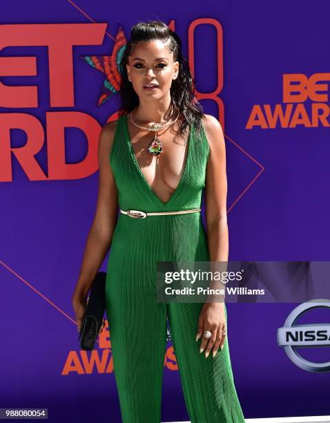 Claudia Jordan arrives to the 2018 BET Awards held at Microsoft Theater on June 24, 2018 in Los Angeles, California.