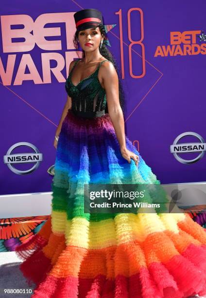 Janelle Monae arrives to the 2018 BET Awards held at Microsoft Theater on June 24, 2018 in Los Angeles, California.