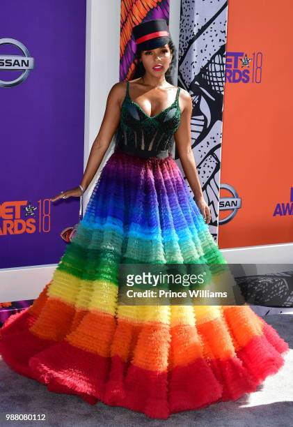 Janelle Monae arrives to the 2018 BET Awards held at Microsoft Theater on June 24, 2018 in Los Angeles, California.