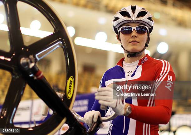 Victoria Pendleton of Great Britain looks on during training for the UCI Track Cycling World Championships at the Ballerup Super Arena on March 23,...