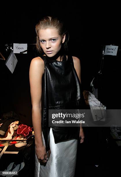 Model prepares backstage ahead of the Christopher Esber show on the first day of Rosemount Australian Fashion Week Spring/Summer 2010/11 at the...