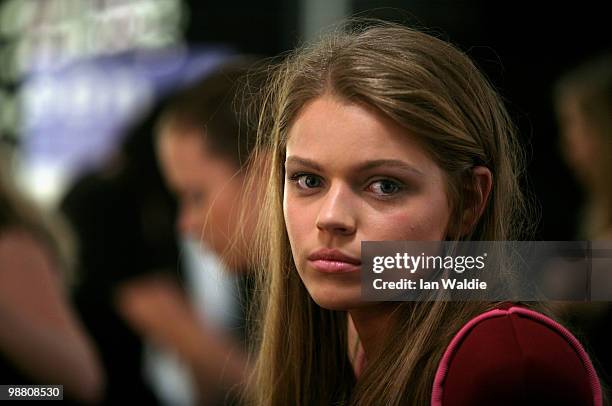 Model prepares backstage ahead of the Christopher Esber show on the first day of Rosemount Australian Fashion Week Spring/Summer 2010/11 at the...