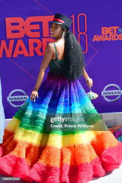 Janelle Monae arrives to the 2018 BET Awards held at Microsoft Theater on June 24, 2018 in Los Angeles, California.