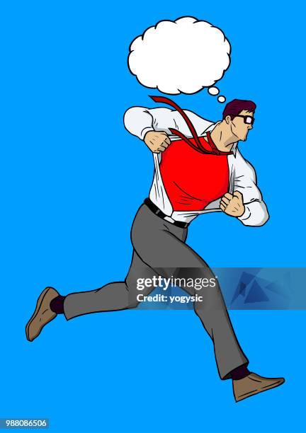 vector man transformation into superhero while running with thought bubble - man changing clothes stock illustrations