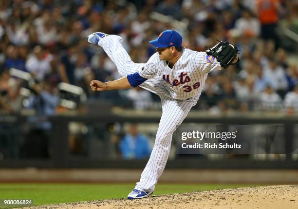 Anthony Swarzak of the New York Mets in action against the New York Yankees during a game at Citi Field on June 9, 2018 in the Flushing neighborhood...