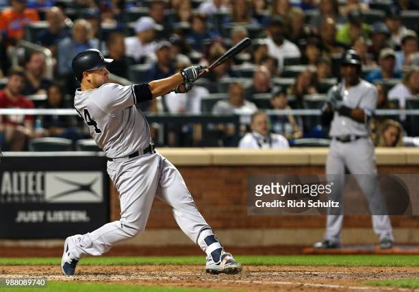 Gary Sanchez of the New York Yankees in action against the New York Mets during a game at Citi Field on June 9, 2018 in the Flushing neighborhood of...