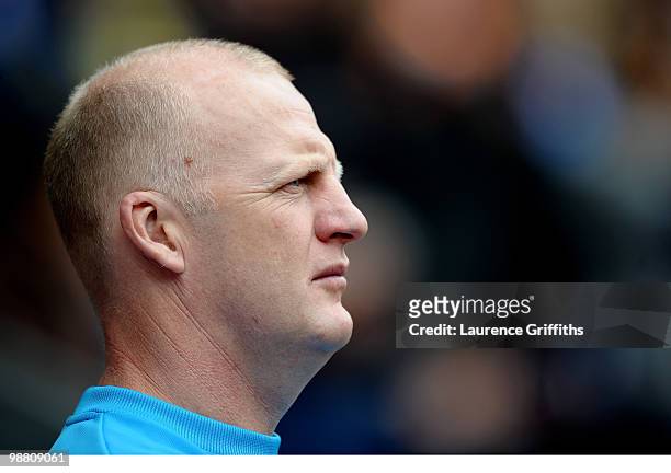 Iain Dowie of Hull City looks on during the Barclays Premier League match between Wigan Athletic and Hull City at JJB Stadium on May 3, 2010 in...