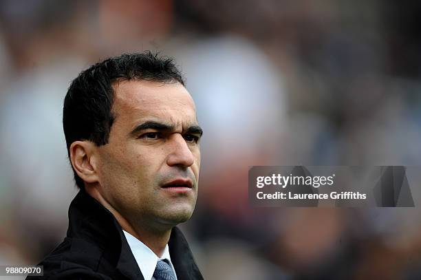 Roberto Martinez of Wigan Athletic looks on during the Barclays Premier League match between Wigan Athletic and Hull City at JJB Stadium on May 3,...