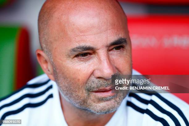 Argentina's coach Jorge Sampaoli looks on during the Russia 2018 World Cup round of 16 football match between France and Argentina at the Kazan Arena...