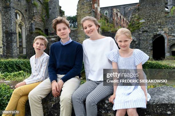 Belgium's Prince Emmanuel, Prince Gabriel, Crown Princess Elisabeth and Princess Eleonore pose during a photo session of the Belgian Royal Family's...