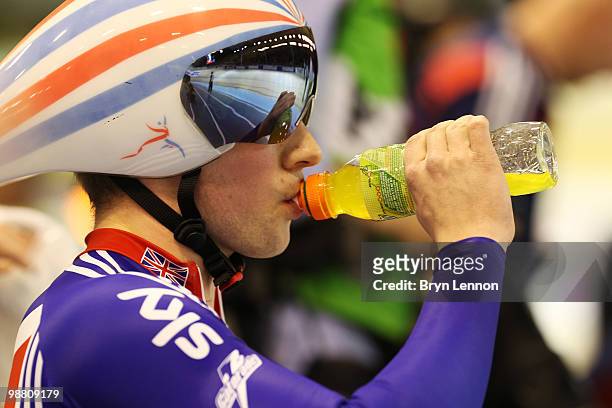 Jason Kenny of Great Britain awaits the start of the Qualifying for Men's Team Sprint on Day One of the UCI Track Cycling World Championships at the...