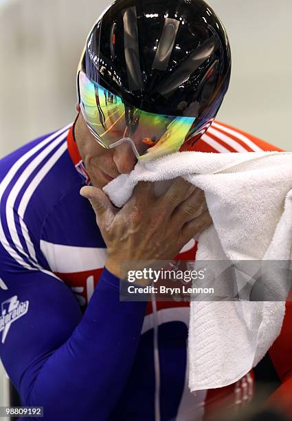 Sir Chris Hoy of Great Britain awaits the start of the Qualifying for Men's Team Sprint on Day One of the UCI Track Cycling World Championships at...