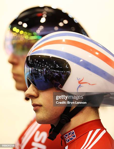 Sir Chris Hoy and Jason Kenny of Great Britain await the start of the Qualifying for Men's Team Sprint on Day One of the UCI Track Cycling World...