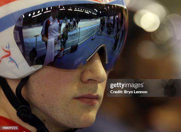 Jason Kenny of Great Britain awaits the start of the Qualifying for Men's Team Sprint on Day One of the UCI Track Cycling World Championships at the...