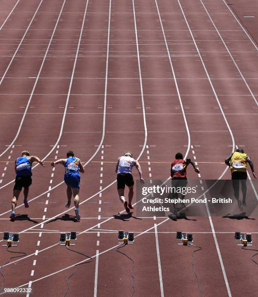 View as athletes compete in the Mens 100m Heats during Day One of the Muller British Athletics Championships at the Alexander Stadium on June 30,...