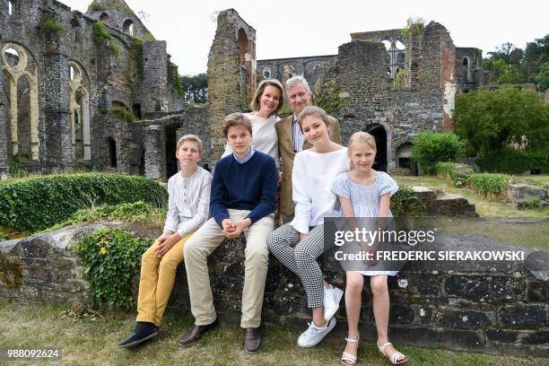 Belgium's Prince Emmanuel, Prince Gabriel, Crown Princess Elisabeth, Princess Eleonore, Queen Mathilde of Belgium and King Philippe - Filip of...