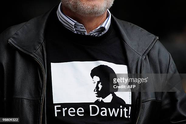 Man wears a tee-shirt with Swedish-Erythree journalist Dawitt Isaac portrait, on May 3 in Stockholm. An Eritrean with Swedish citizenship, Isaak was...