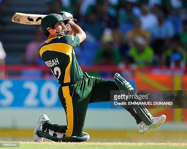 Pakistani batsman Misbah-ul-Haq eyes a boundary during the ICC World Twenty20 Group A match between Pakistan and Australia at The Beausejour Cricket...
