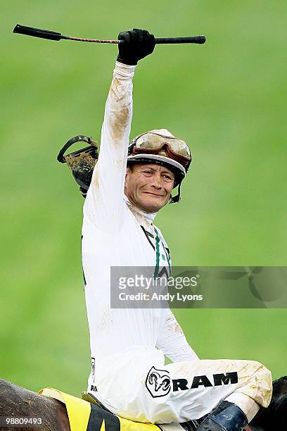 Calvin Borel atop Super Saver celebrates winning the 136th running of the Kentucky Derby on May 1, 2010 in Louisville, Kentucky.