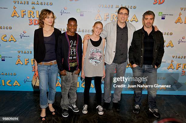 Veronica Blume, Raymond Mvula, Eva Gerretsen; Jordi Llompart and Adria Collado attend 'Viaje magico a Africa' conference at cinema Proyecciones on...