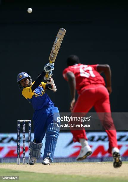 Tillakaratne Dilshan of Sri Lanka hits out during the ICC T20 World Cup Group B match between Sri Lanka and Zimbabwe at the Guyana National Stadium...