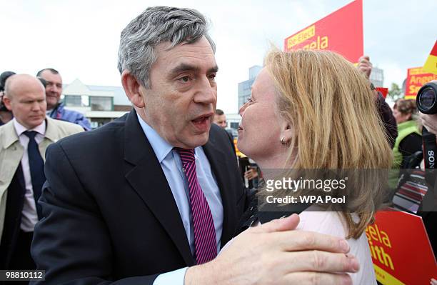 British Prime Minister Gordon Brown greets Labour Parliamentary Candidate Angela Smith at Abby Couriers on May 3, 2010 in Basildon, England. The...