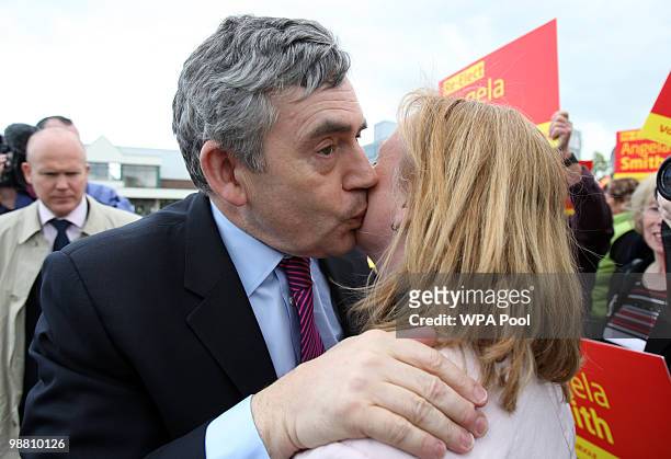 British Prime Minister Gordon Brown greets Labour Parliamentary Candidate Angela Smith at Abby Couriers on May 3, 2010 in Basildon, England. The...