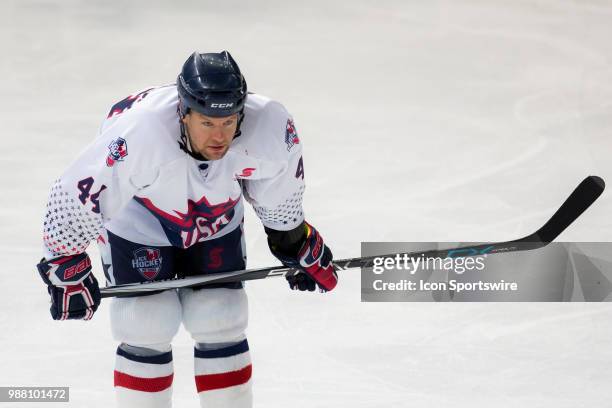 Player Aaron Johnson during a break of play at the 2018 Ice Hockey Classic between USA and Canada at Qudos Bank Arena on June 30, 2018 in Sydney, NSW.