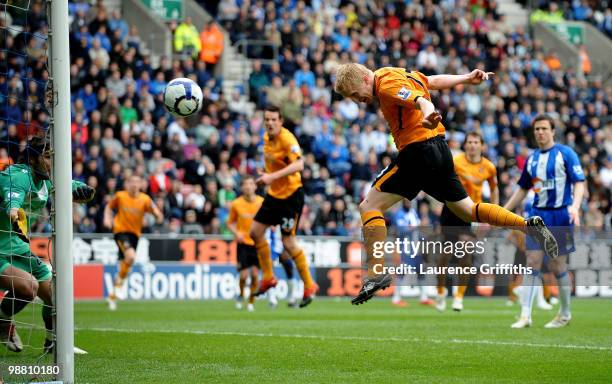 Mark Cullen of Hull City scores the second goal during the Barclays Premier League match between Wigan Athletic and Hull City at JJB Stadium on May...