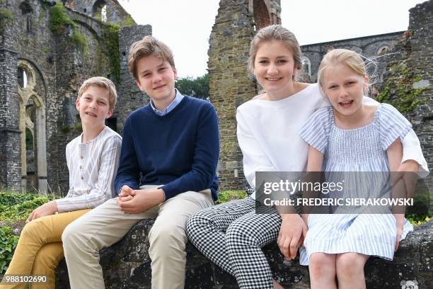 Prince Emmanuel, Prince Gabriel, Crown Princess Elisabeth and Princess Eleonore pose during a photo session of the Belgian Royal Family's vacation at...