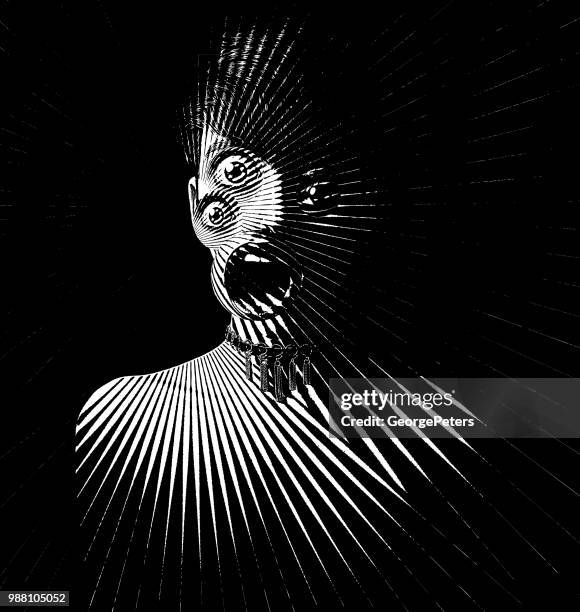 engraving of scary woman monster with three eyes and shocked expression - death vector stock illustrations