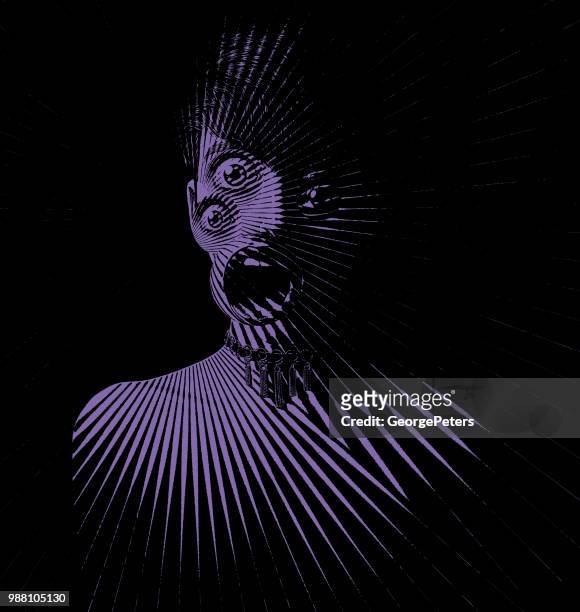 engraving of scary woman monster with three eyes and shocked expression - scary monster stock illustrations
