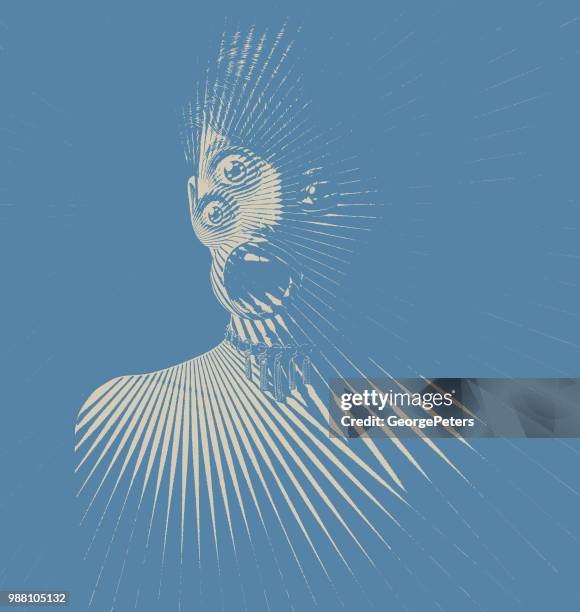 engraving of scary woman monster with three eyes and shocked expression - scary monster stock illustrations