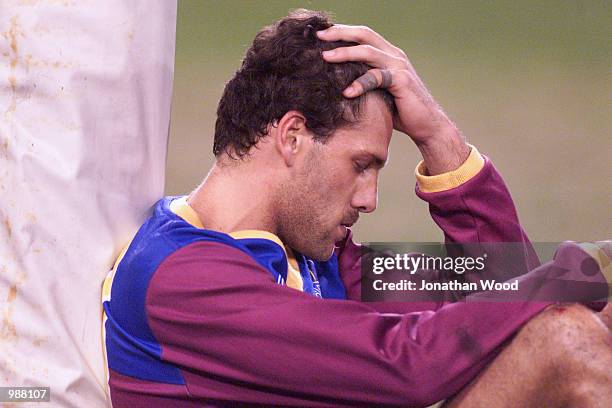 Darryl White of the Lions dejected after the Lion's defeat to the Crows during the round nine AFL match between the Brisbane Lions and the Adelaide...