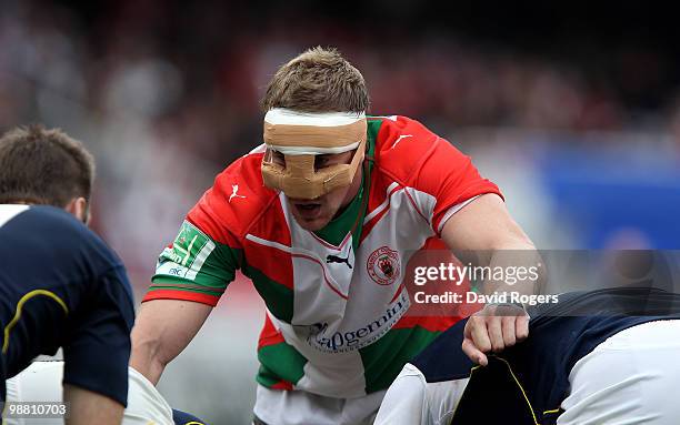 Imanol Harinordoquy of Biarritz, wears a nose protector during the Heineken Cup semi final match between Biarritz Olympique and Munster at Estadio...