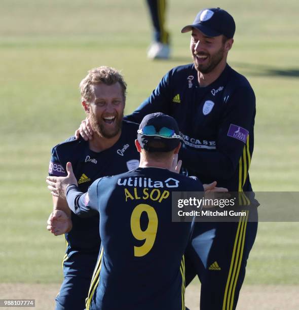 Gareth Berg of Hampshire celebrates taking the wicket of Sam Billings of Kent to win the Royal London One Day Cup Final match between Hampshire and...