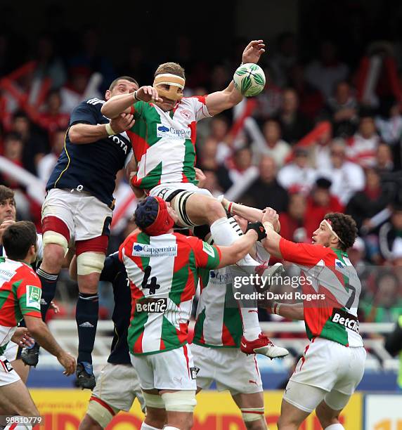 Imanol Harinordoquy of Biarritz, wearing a face protector, catches the ball in the lineout during the Heineken Cup semi final match between Biarritz...