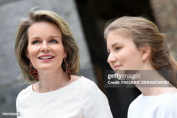 Queen Mathilde of Belgium and Crown Princess Elisabeth pose during a photo session of the Belgian Royal Family's vacation at the Villers Abbey in...