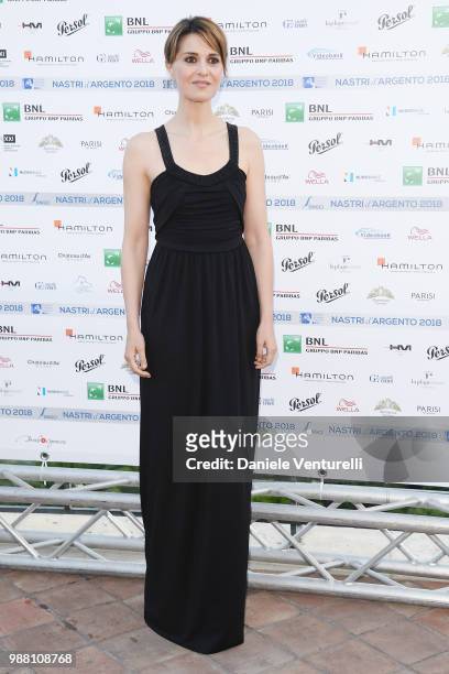 Paola Cortellesi attends the Nastri D'Argento cocktail party on June 30, 2018 in Taormina, Italy.