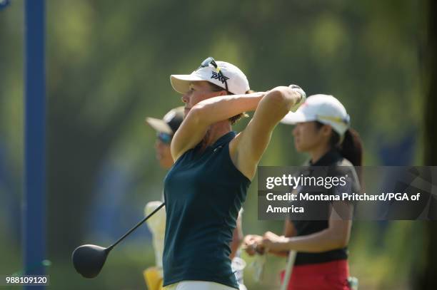 Of America Vice President Suzy Whaley hits her tee shot on the 16th hole during the third round of the 2018 KPMG Women's PGA Championship at Kemper...